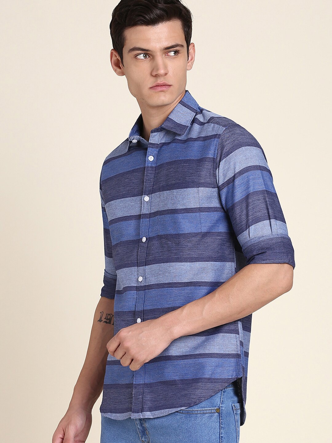 

Dennis Lingo India Slim Horizontal Striped Slim Fit Pure Cotton Casual Shirt, Blue