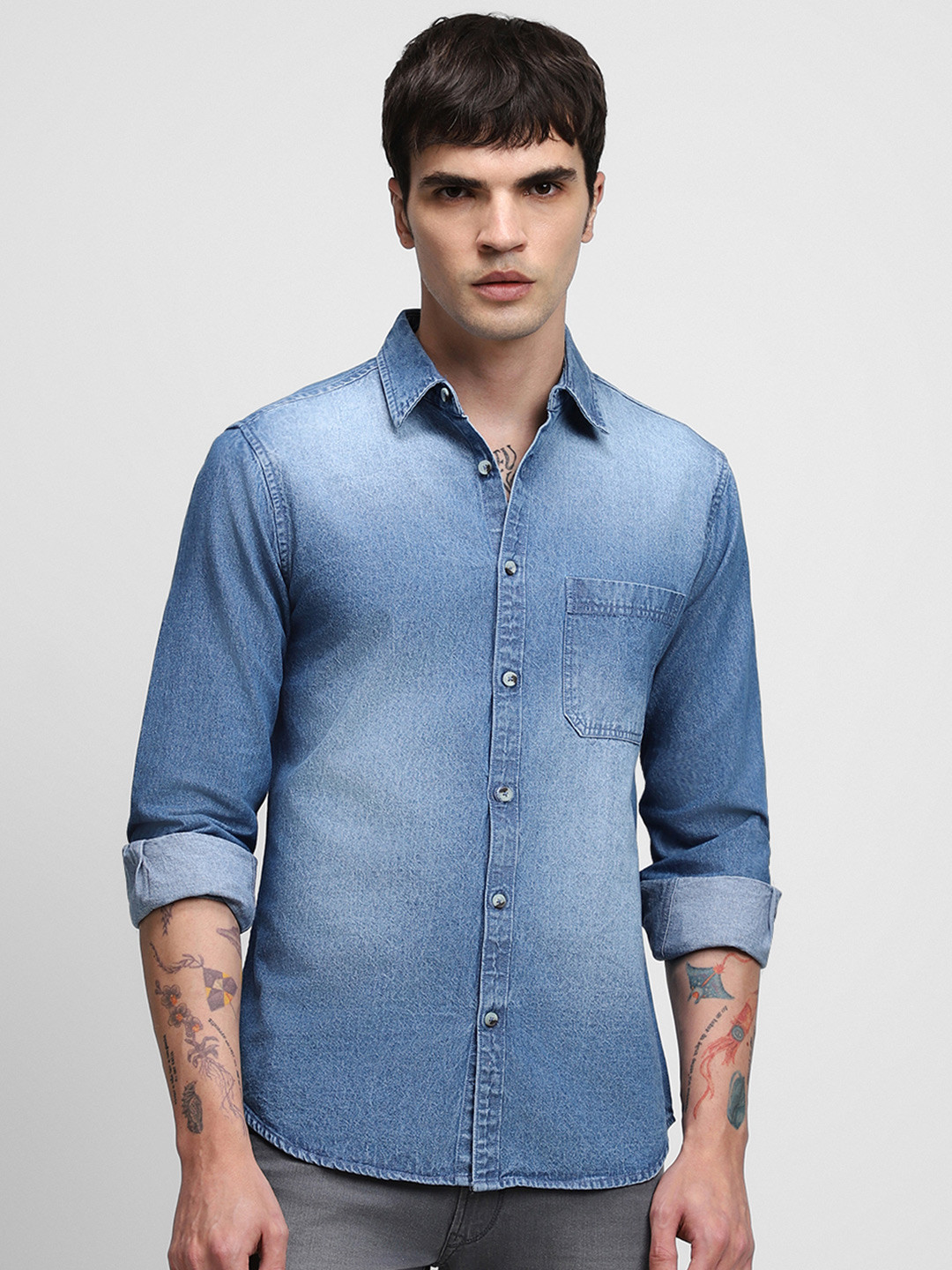 

Dennis Lingo India Slim Faded Slim Fit Pure Cotton Denim Shirt", Blue
