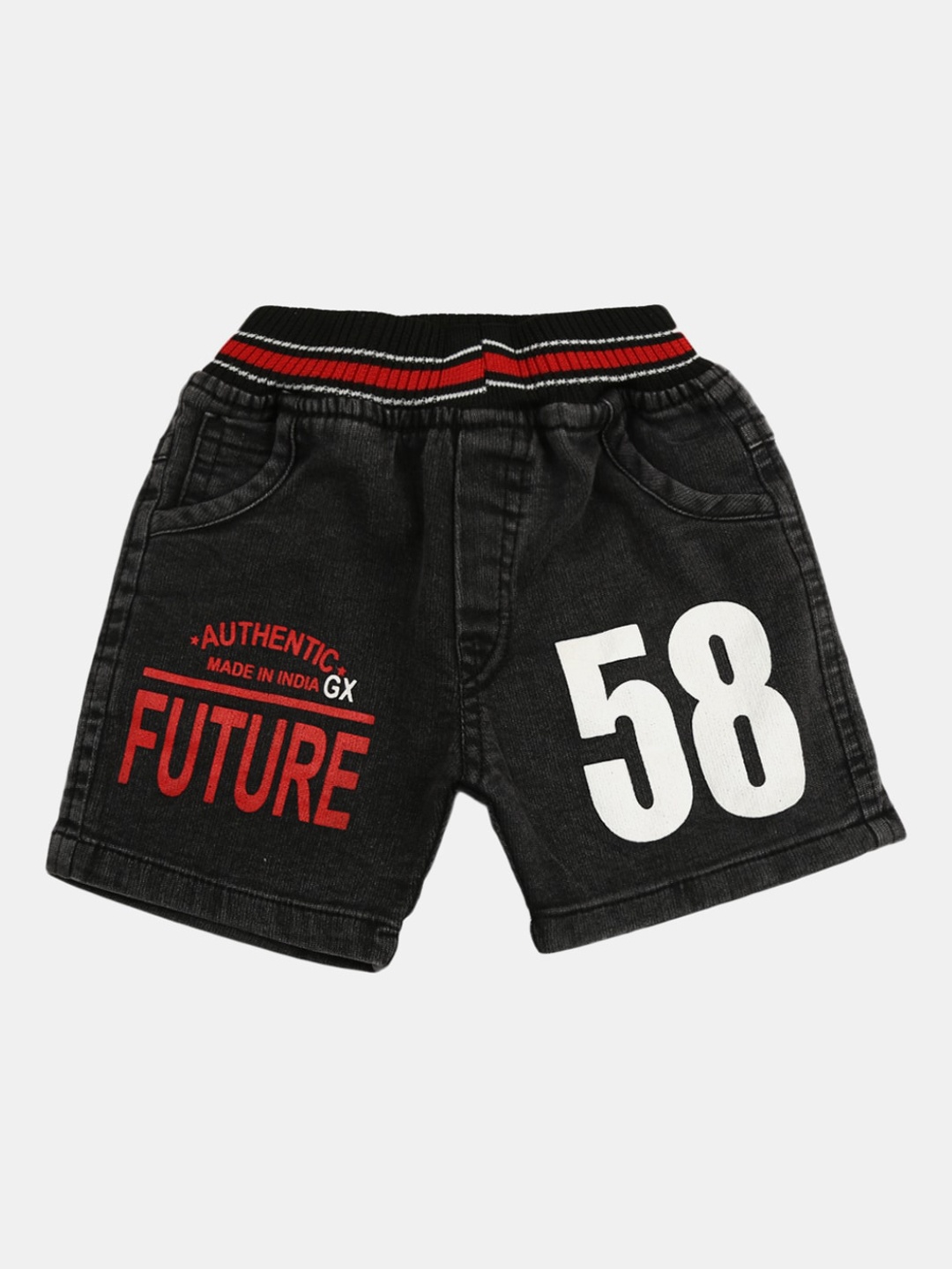 V-Mart Infant Cotton Mid-Rise Typography Printed Denim Shorts, Black