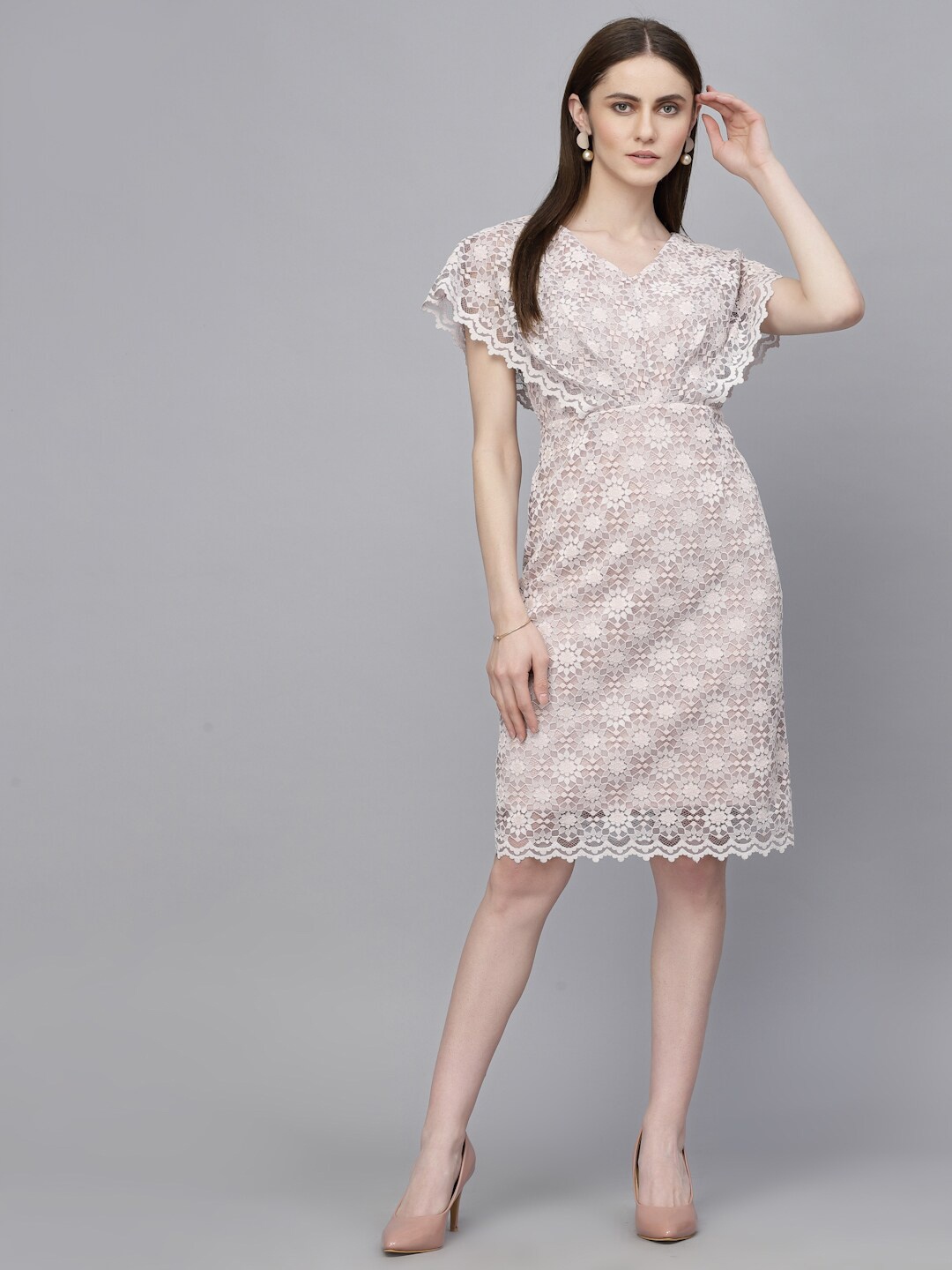 

Gipsy Self Design Flared Sleeves Net Sheath Dress, Cream