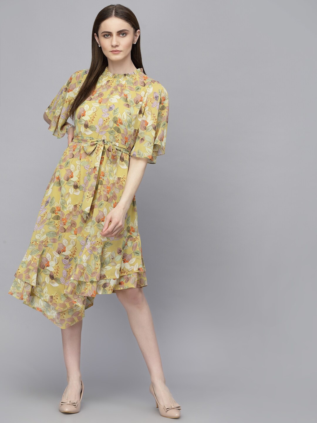 

Gipsy Floral Printed Flared Sleeves A-Line Midi Dress, Yellow