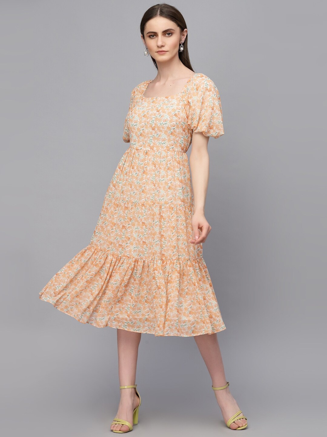 

Gipsy Floral Printed Puff Sleeves Fit & Flare Midi Dress, Orange