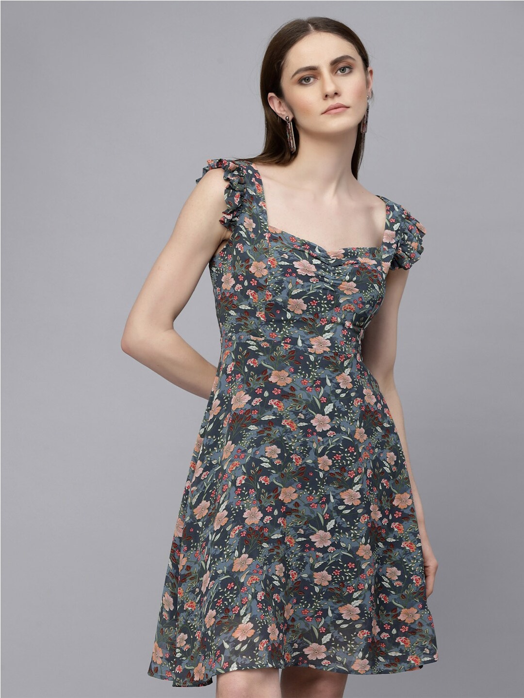 

Gipsy Grey Floral Print Georgette Fit & Flare Dress