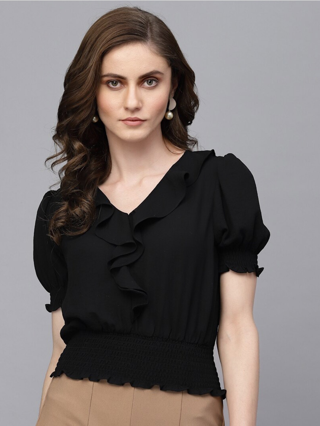 

Gipsy V-Neck Puff Sleeve Smocked Blouson Top, Black