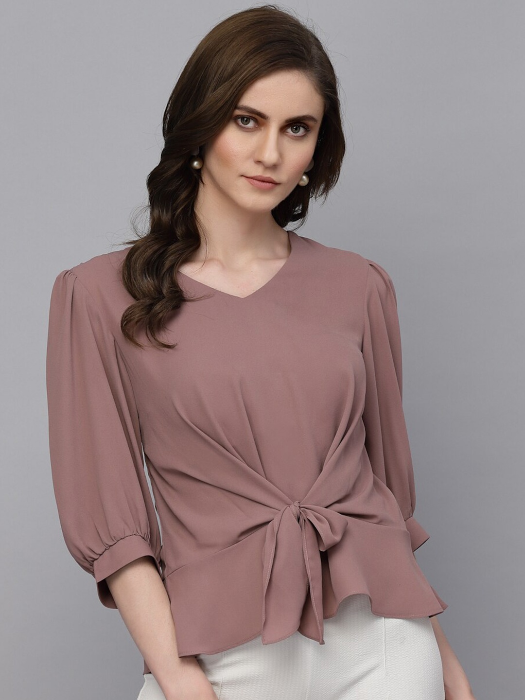 

Gipsy Puffed Sleeves Cinched Waist Top, Brown
