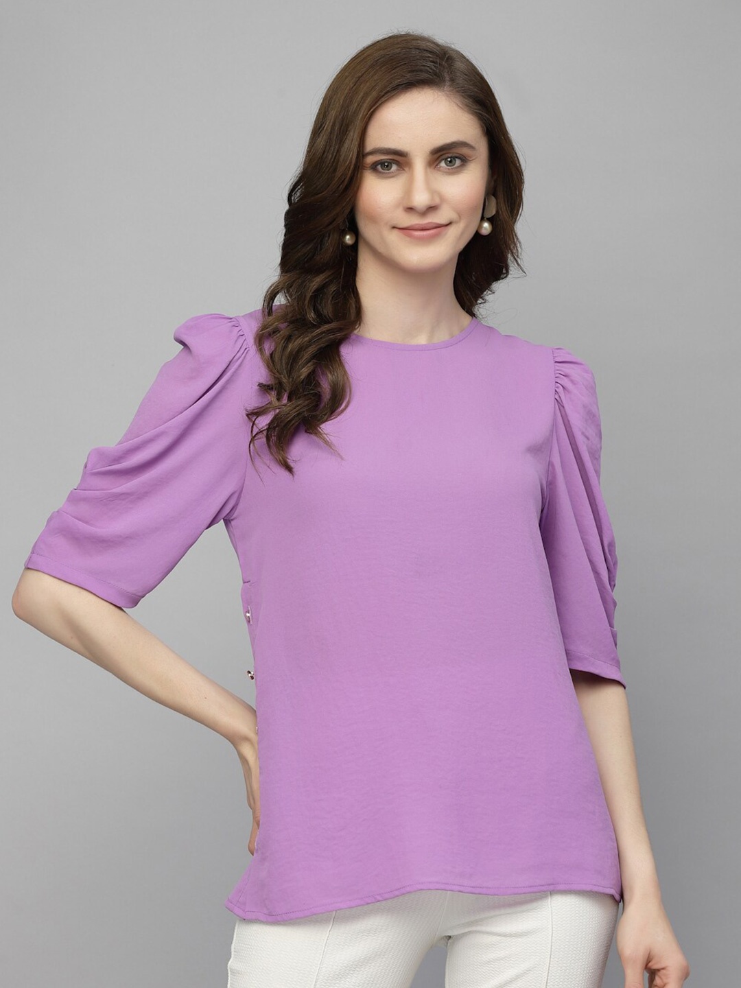 

Gipsy Top Round Neck Puffed Sleeves Top, Lavender