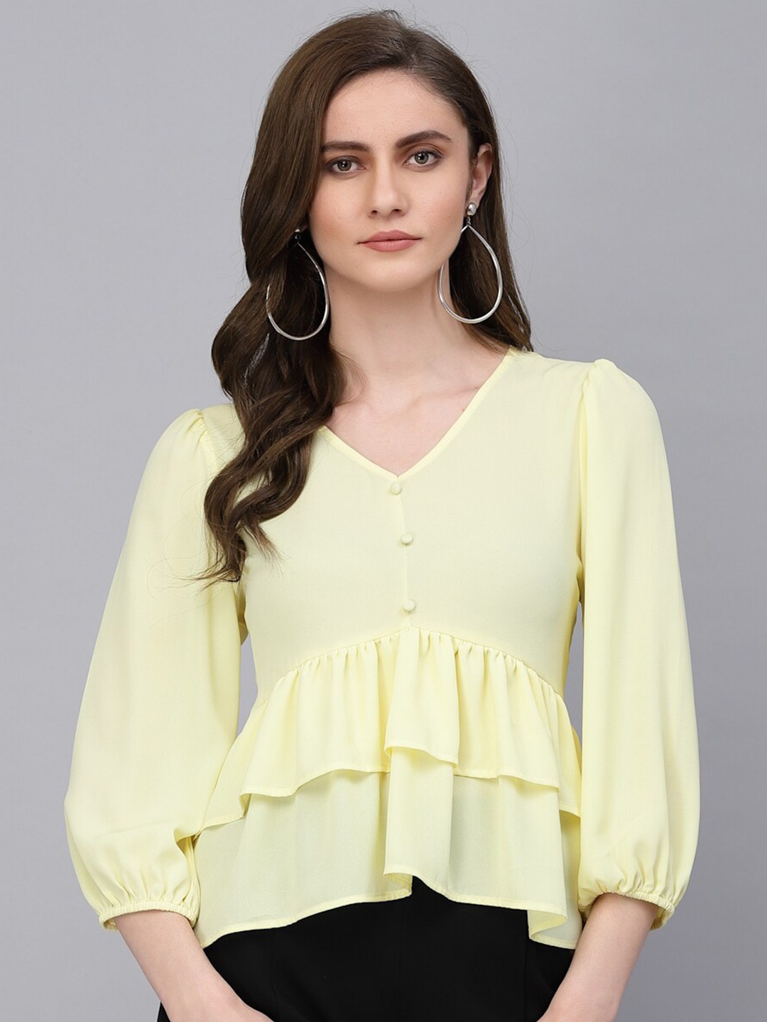 

Gipsy V- Neck Puffed Sleeves Ruffled Top, Yellow
