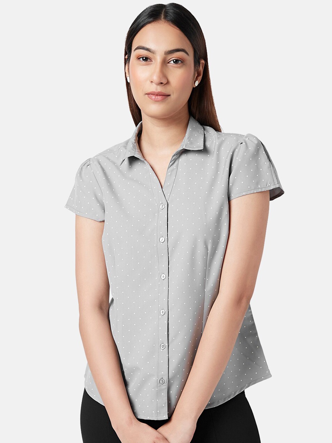 

Annabelle by Pantaloons Polka Dots Printed Spread Collar Casual Shirt, Grey