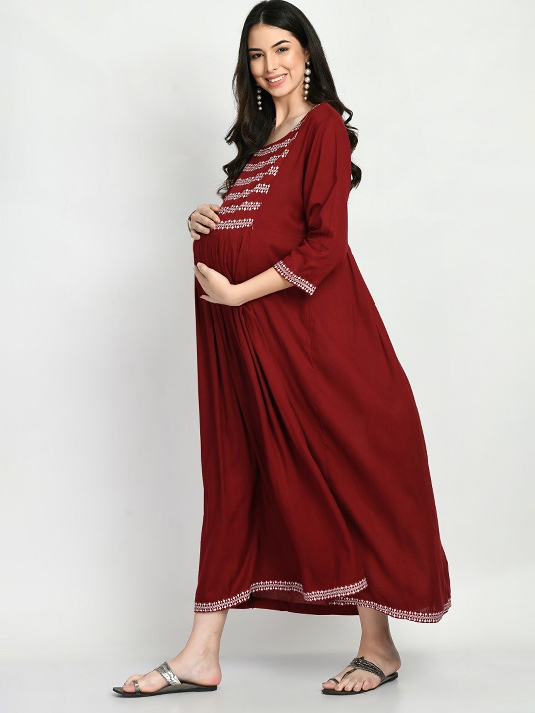 

KALINI Round Neck Floral Printed Maternity Fit And Flare Maxi Dress, Maroon