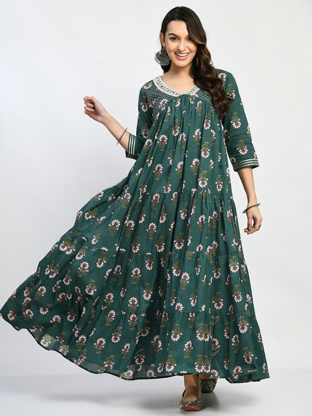 

KALINI V-Neck Floral Printed Tiered Cotton Maxi Dress, Green