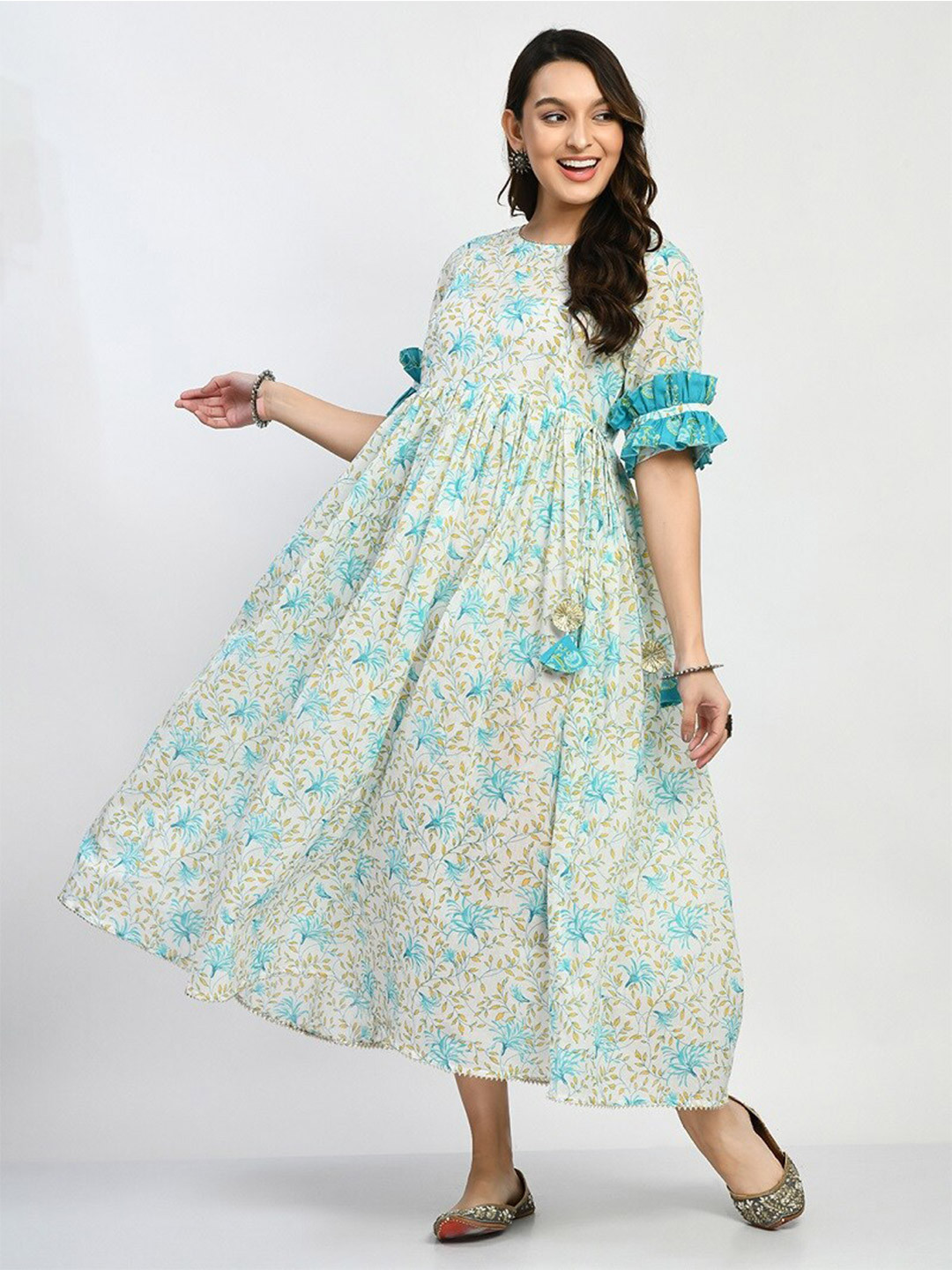 

KALINI Round Neck Floral Printed Ruffles Cotton Maternity Fit & Flare Midi Dress, Off white