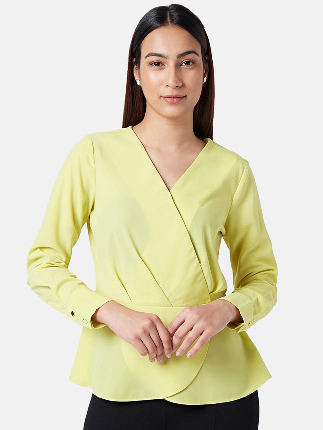 

Annabelle by Pantaloons V-Neck Cuffed Sleeves Wrap Top, Yellow