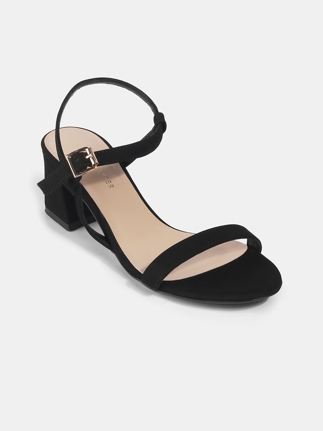 

LEMON & PEPPER Open Toe Block Heels With Buckle, Black