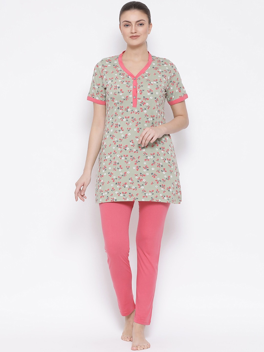 

Kanvin Floral Printed Pure Cotton Night Suit, Green