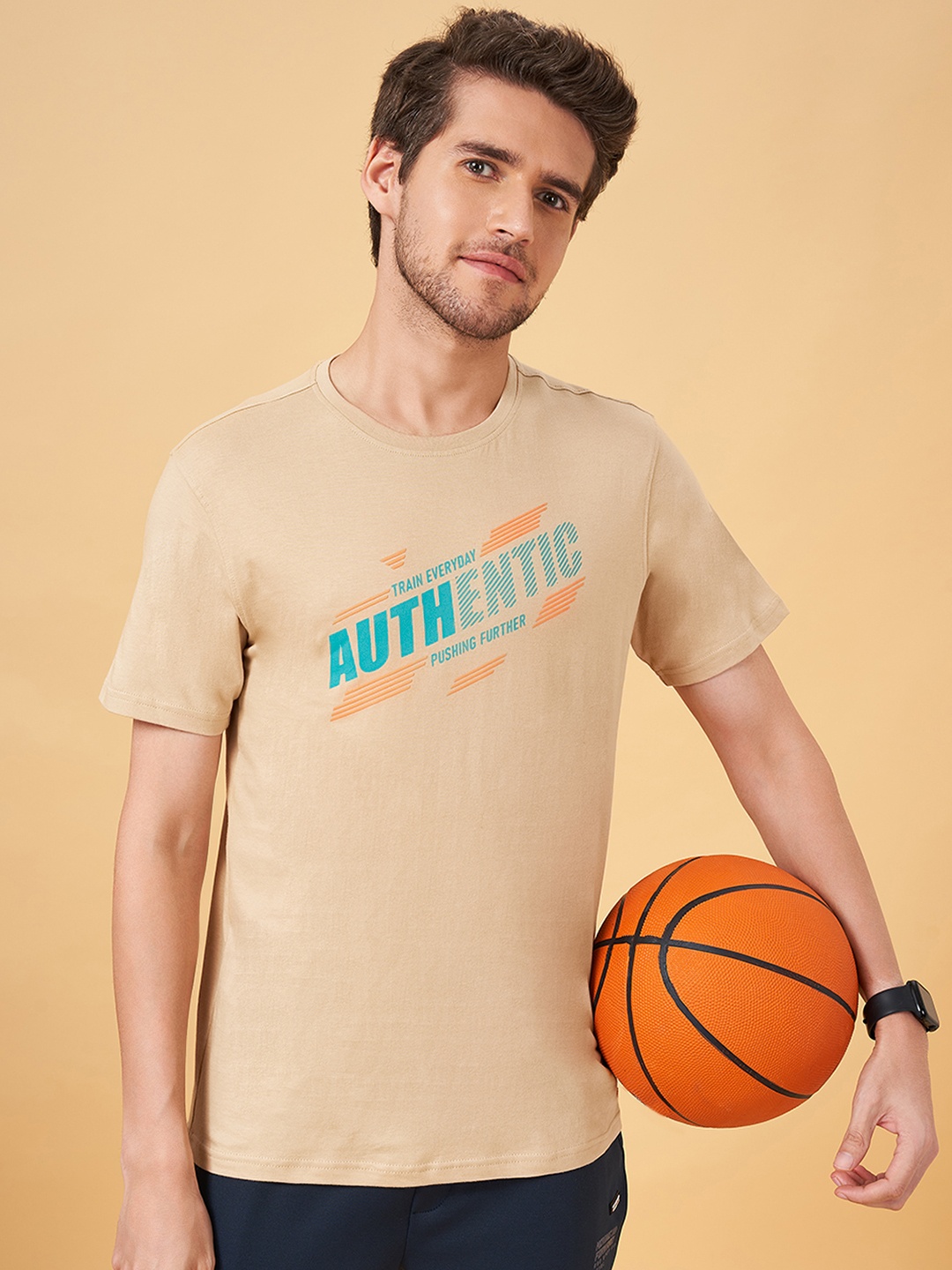 

Ajile by Pantaloons Men Typography Printed Cotton Slim fit T-Shirt, Beige
