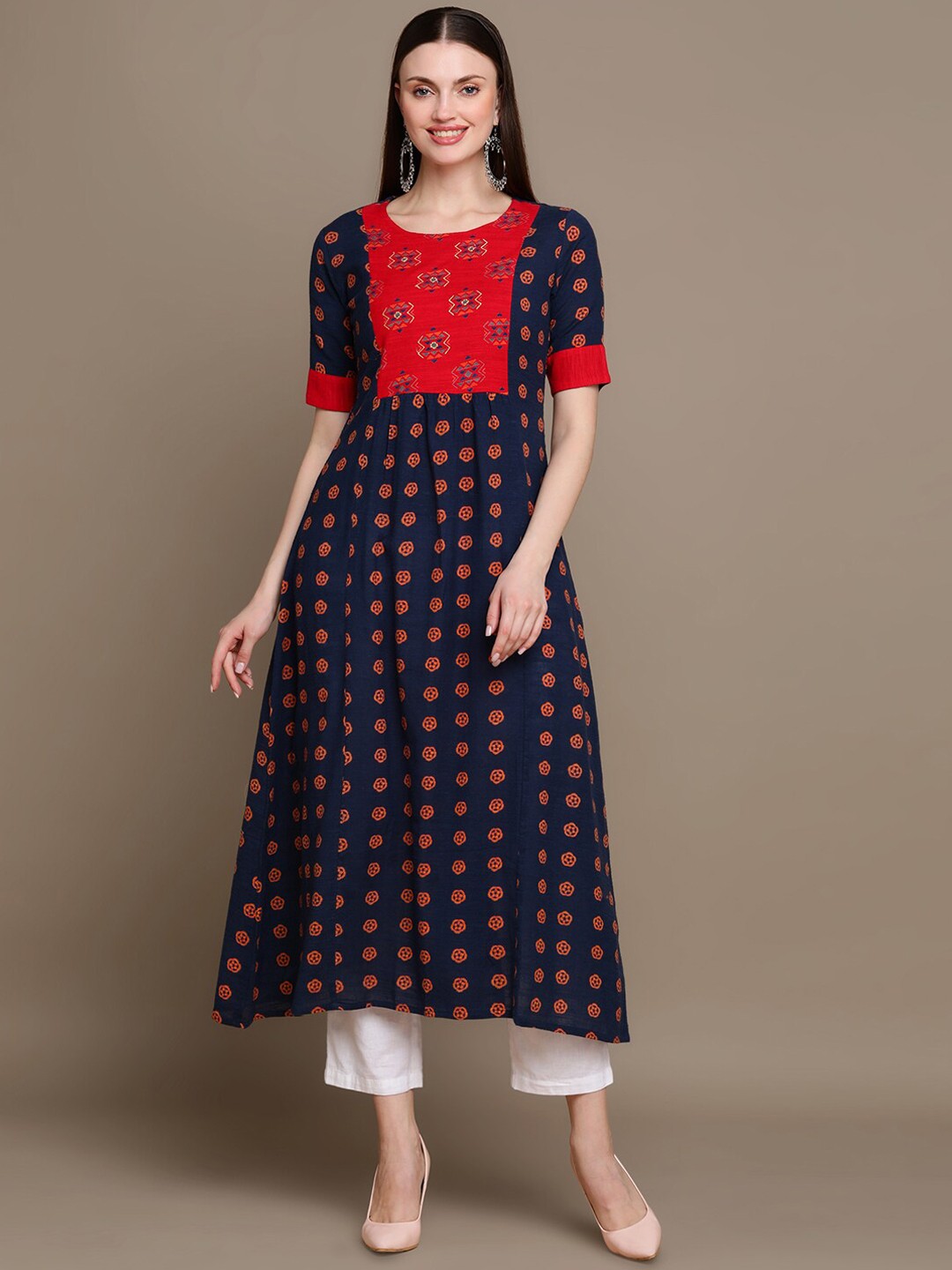 

HERE&NOW Floral Printed Cotton A-Line Kurta, Navy blue