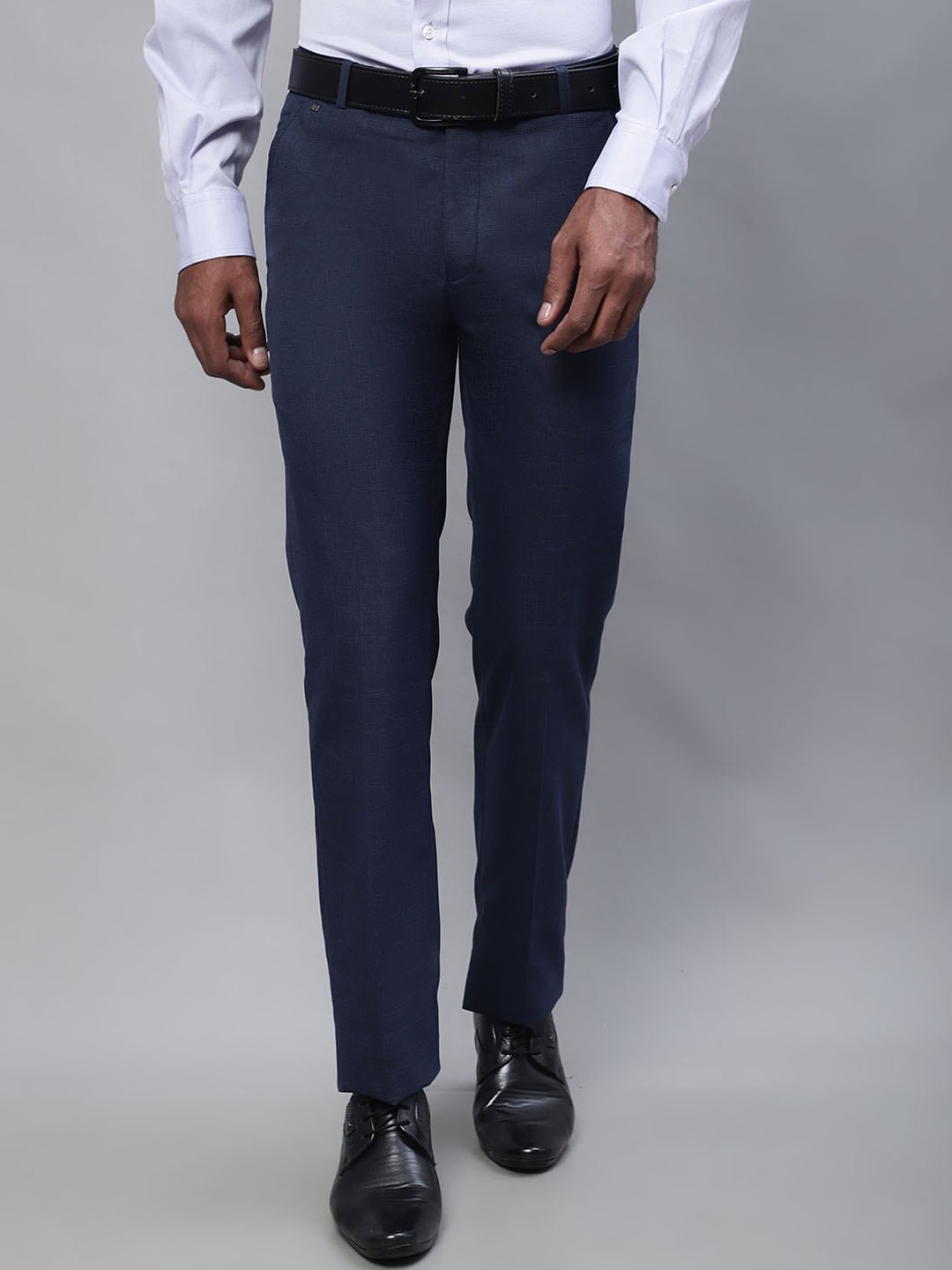 

Cantabil Men Checked Mid Rise Formal Trousers, Navy blue