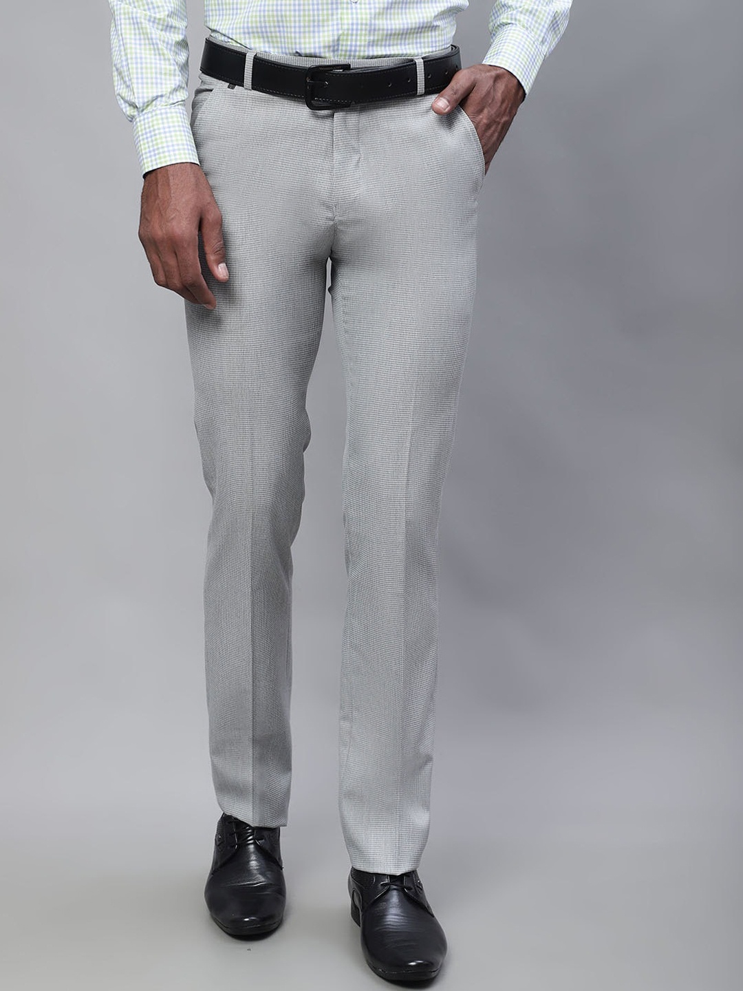 

Cantabil Men Checked Mid Rise Formal Trousers, Grey melange