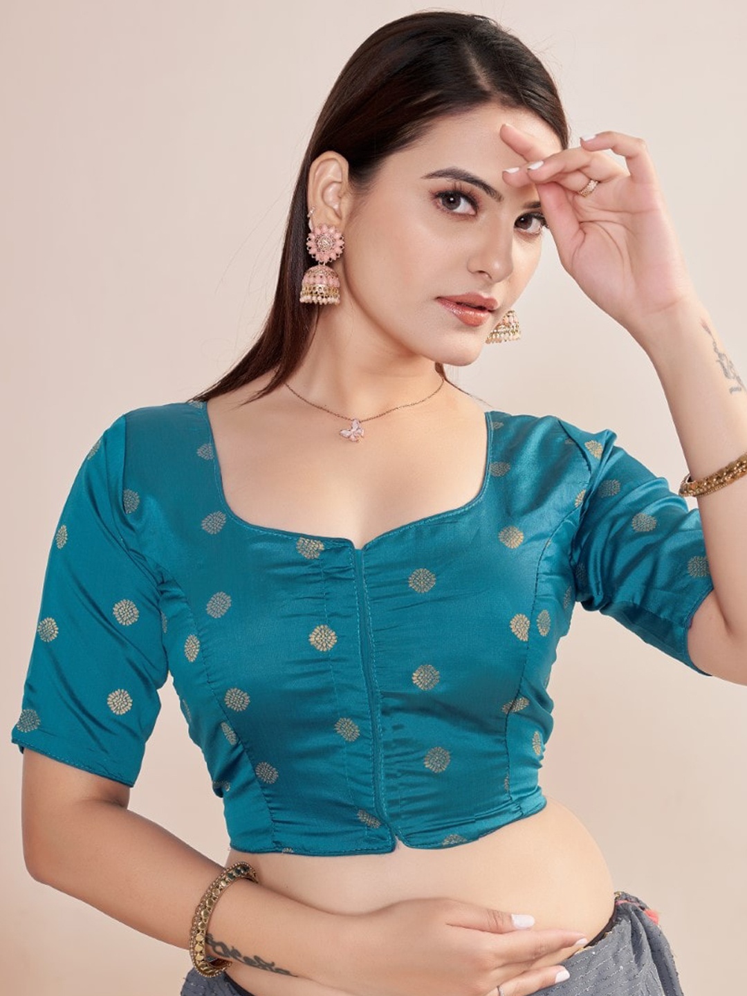 HIMRISE Woven design Round Neck Silk Saree Blouse, Turquoise blue