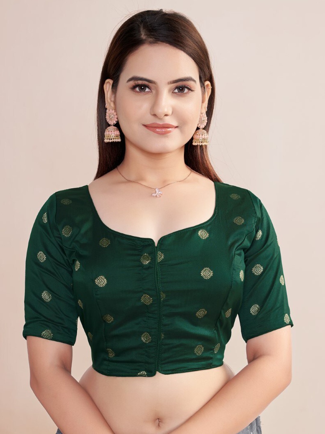 

HIMRISE Woven Design Round Neck Silk Saree Blouse, Green