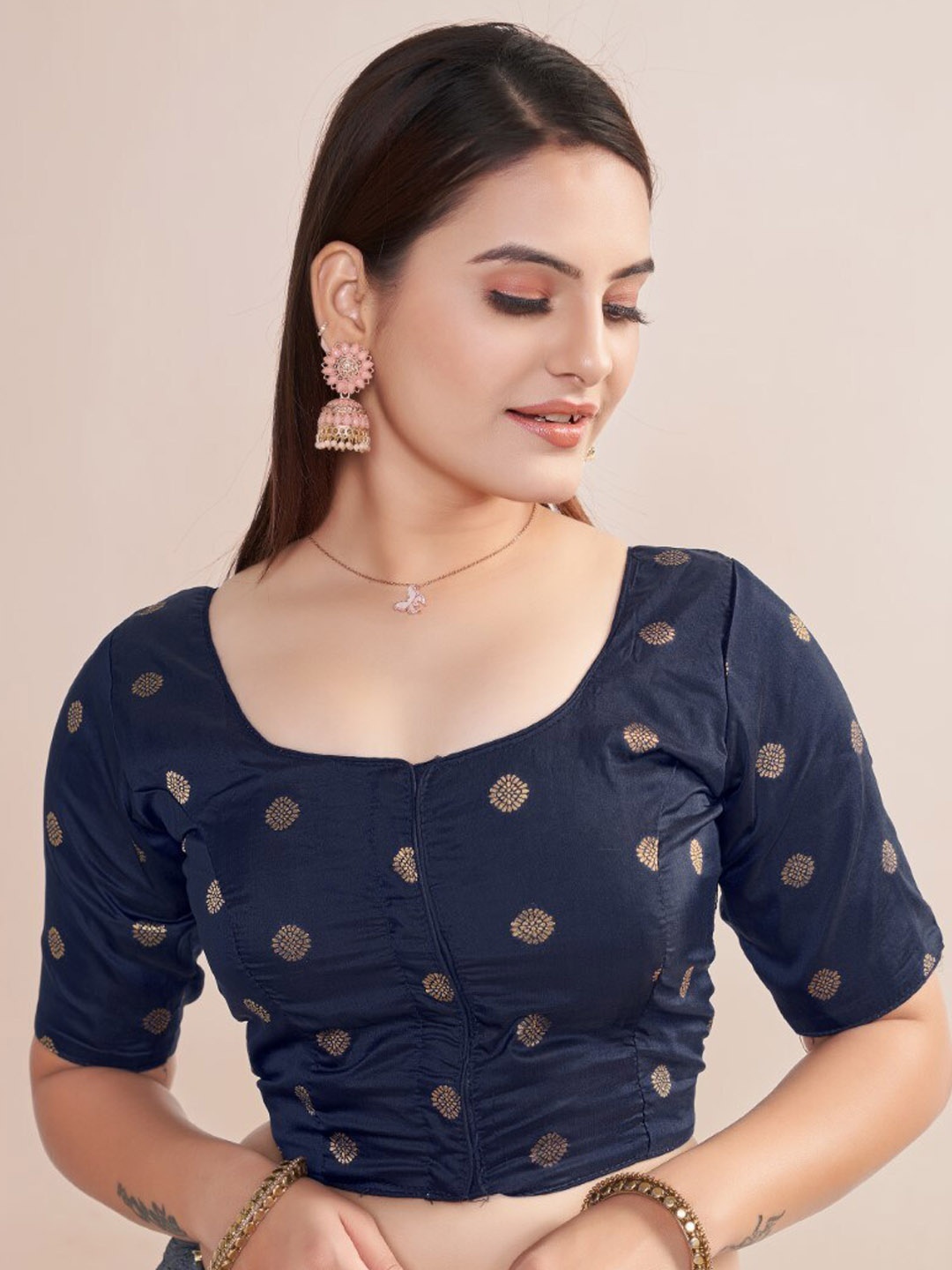 

HIMRISE Woven Design Round Neck Silk Saree Blouse, Navy blue