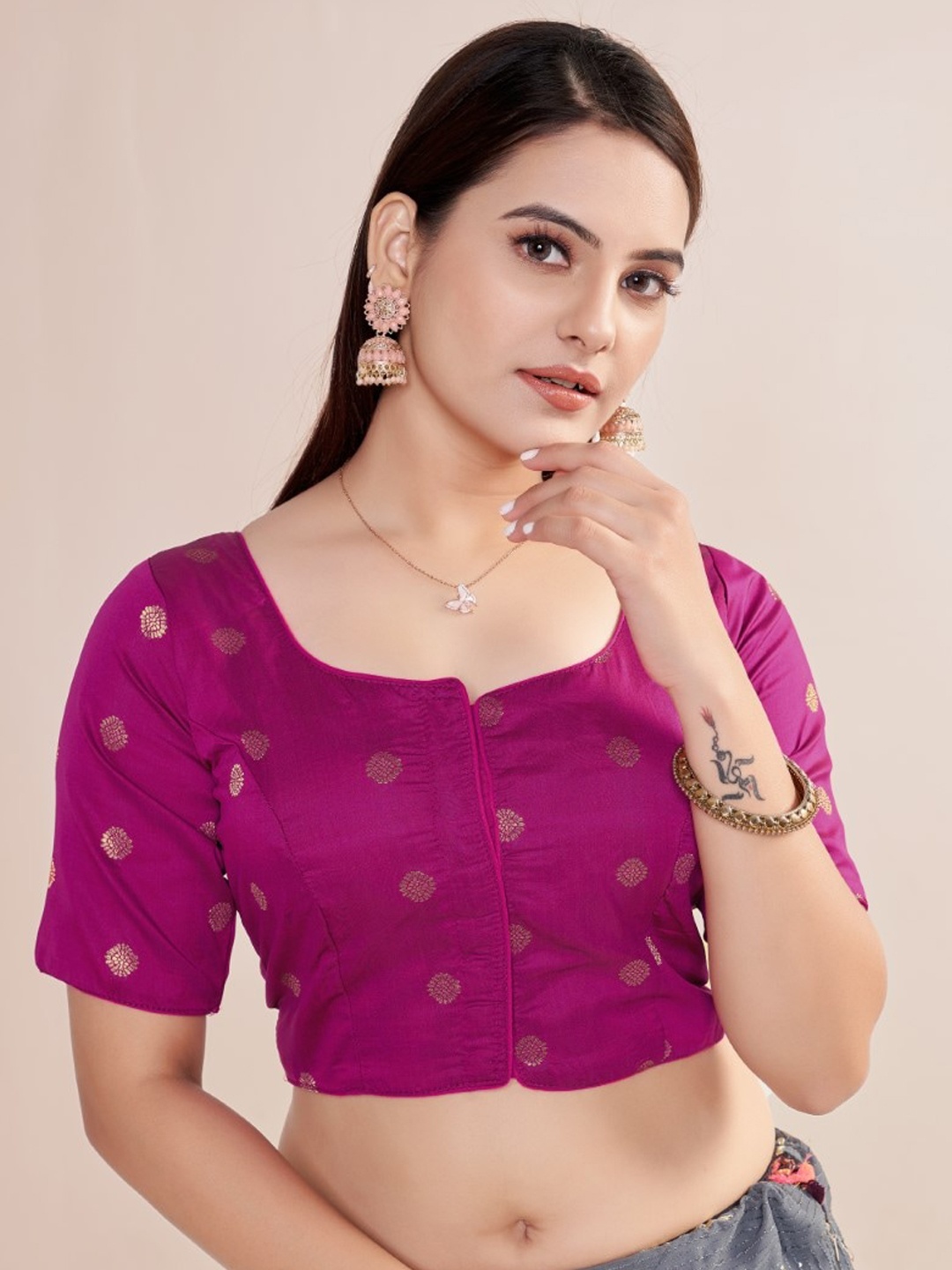 

HIMRISE Woven Design Round Neck Silk Saree Blouse, Pink