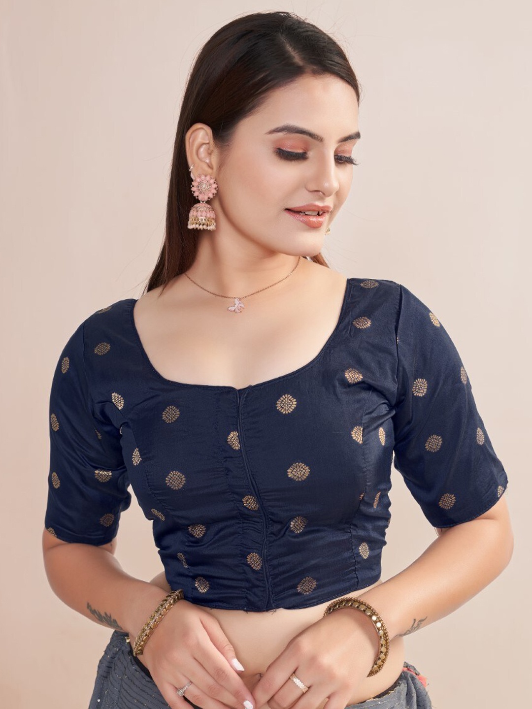 

HIMRISE Woven design Round Neck Silk Saree Blouse, Navy blue