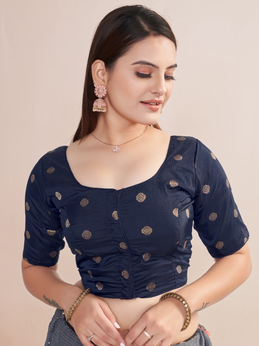 

HIMRISE Woven Design Round Neck Silk Saree Blouse, Navy blue