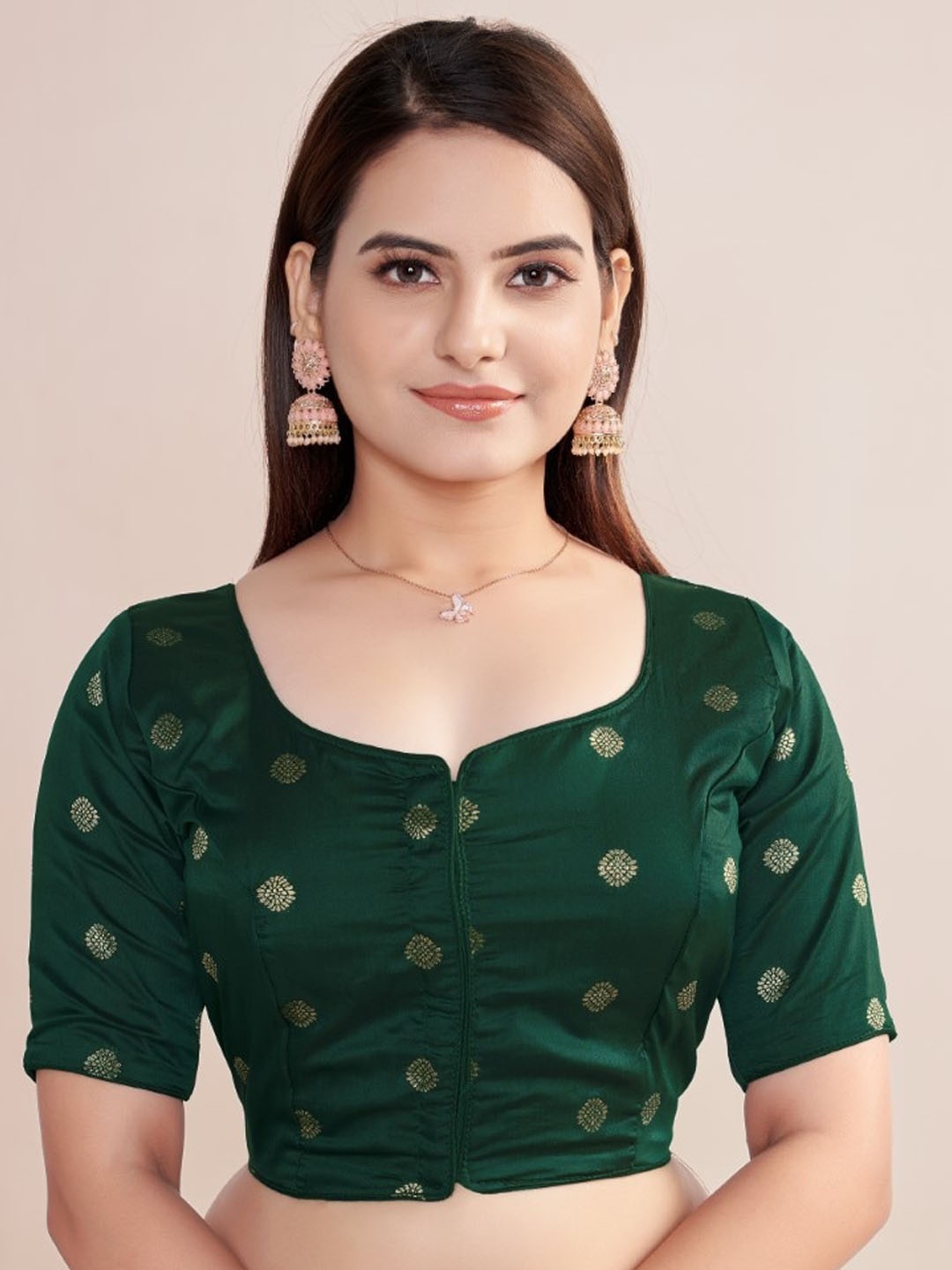 

HIMRISE Woven Design Round Neck Silk Saree Blouse, Green