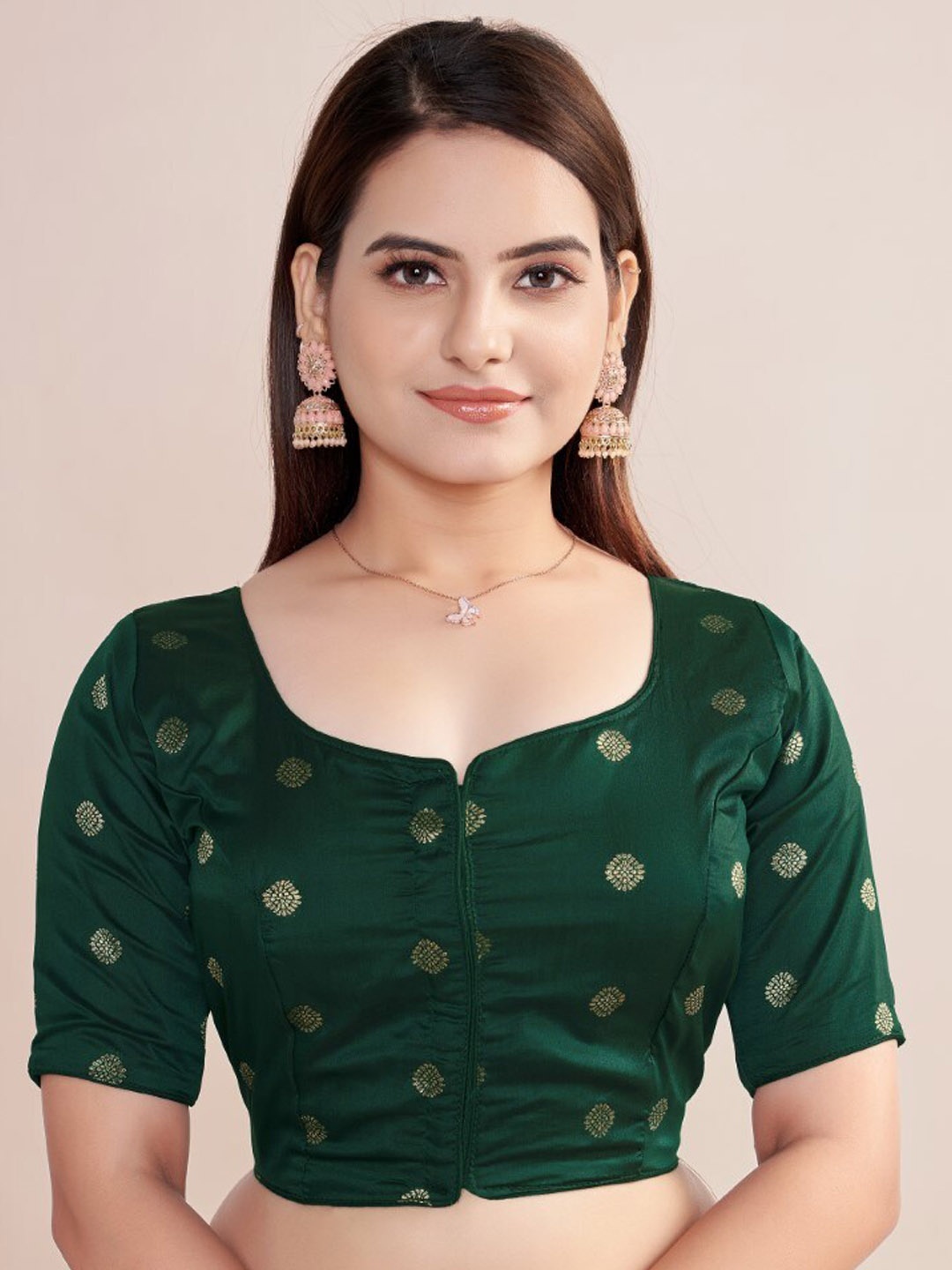 

HIMRISE Woven Design Round Neck Silk Saree Blouse, Green