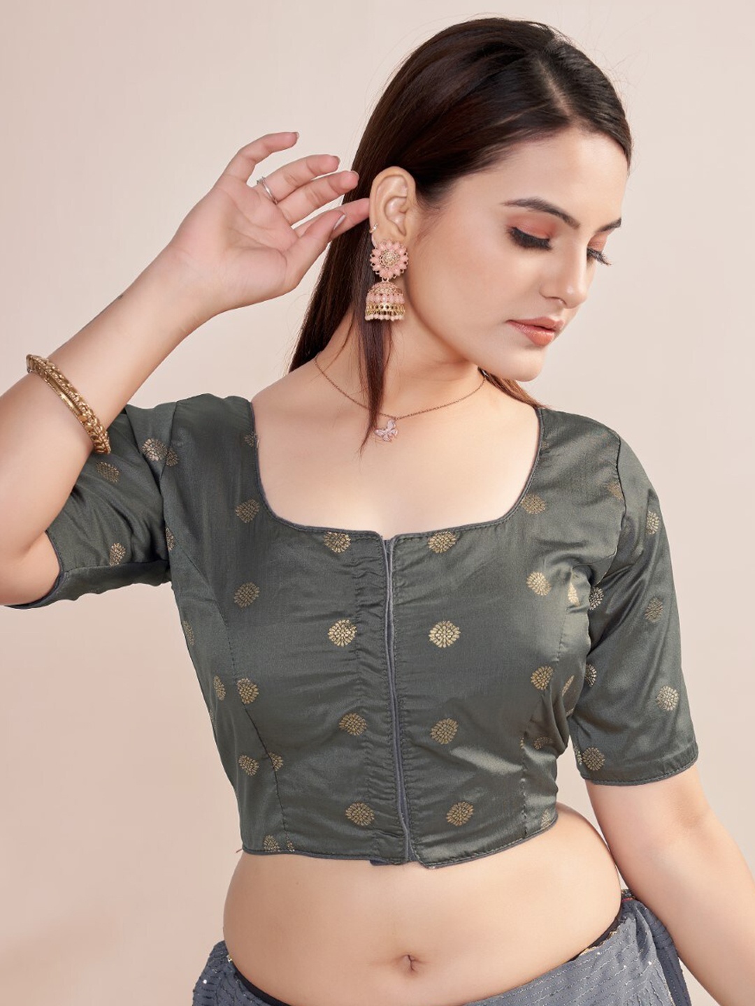 

HIMRISE Woven Design Round Neck Silk Saree Blouse, Grey