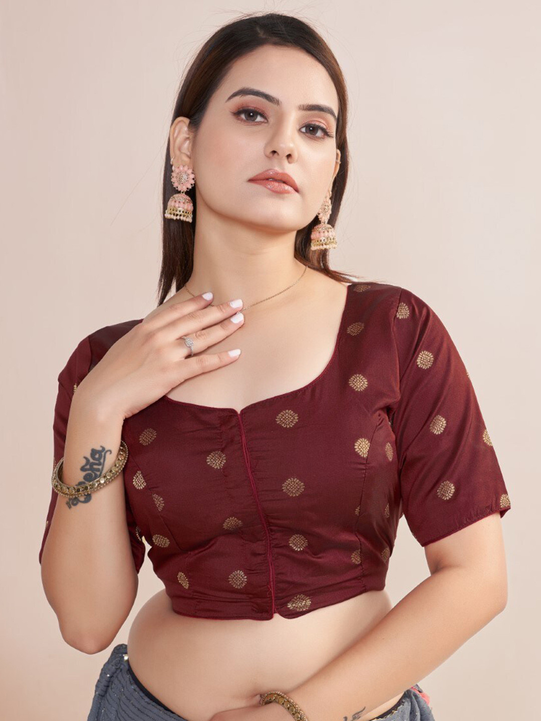 

HIMRISE Woven Design Round Neck Silk Saree Blouse, Maroon