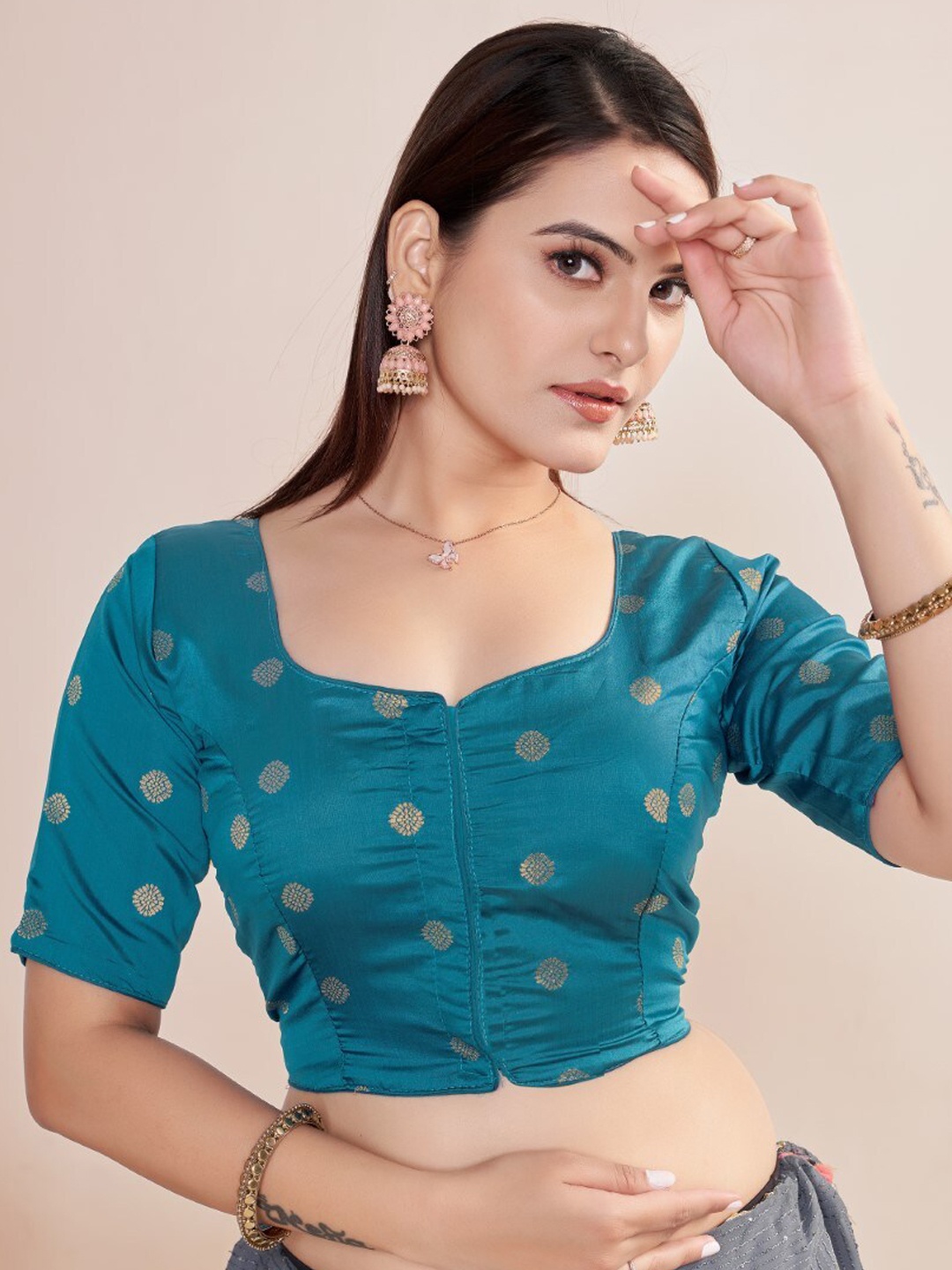 

HIMRISE Woven Design Round Neck Silk Saree Blouse, Turquoise blue