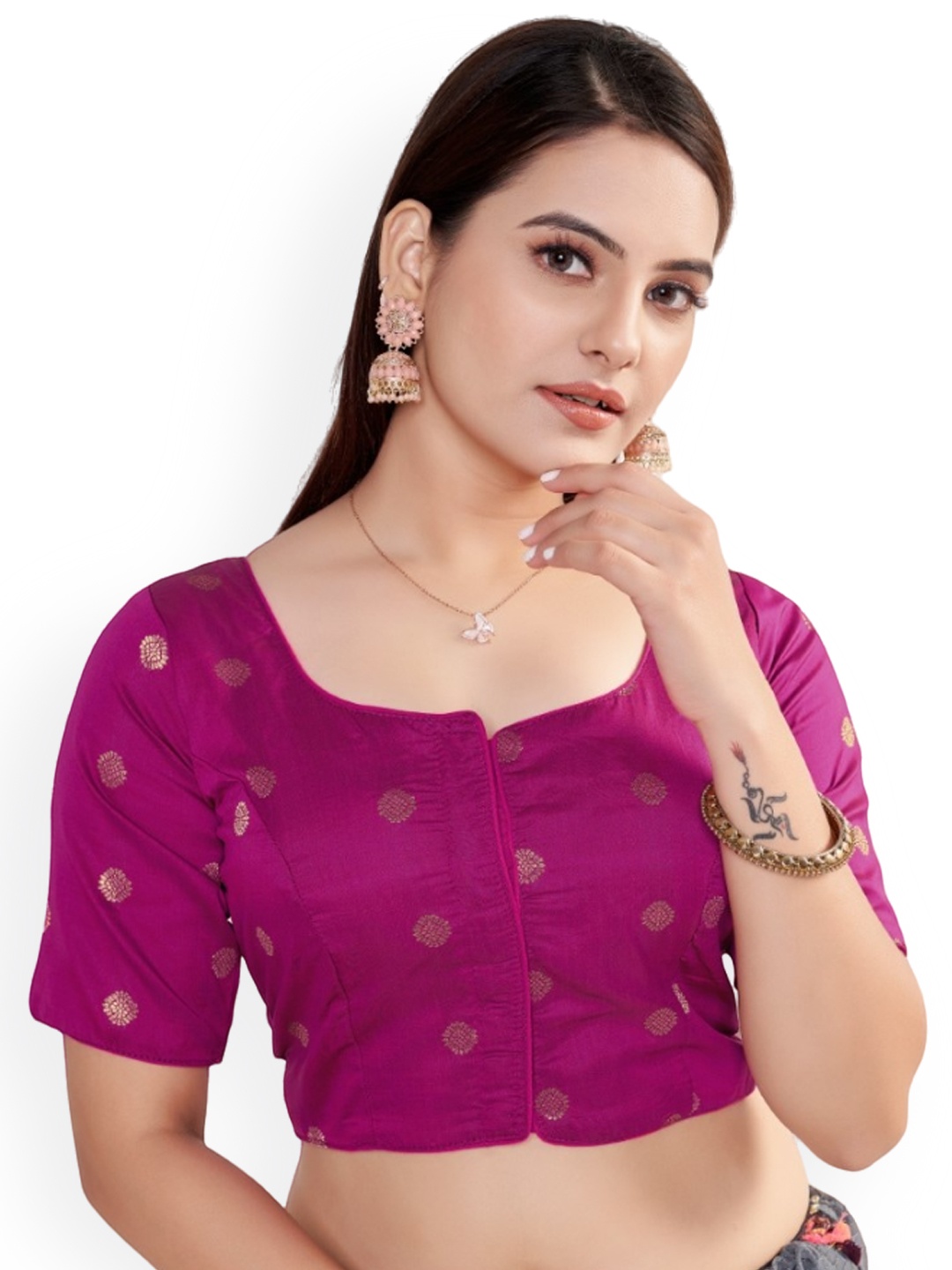 

HIMRISE Woven Design Round Neck Silk Saree Blouse, Pink