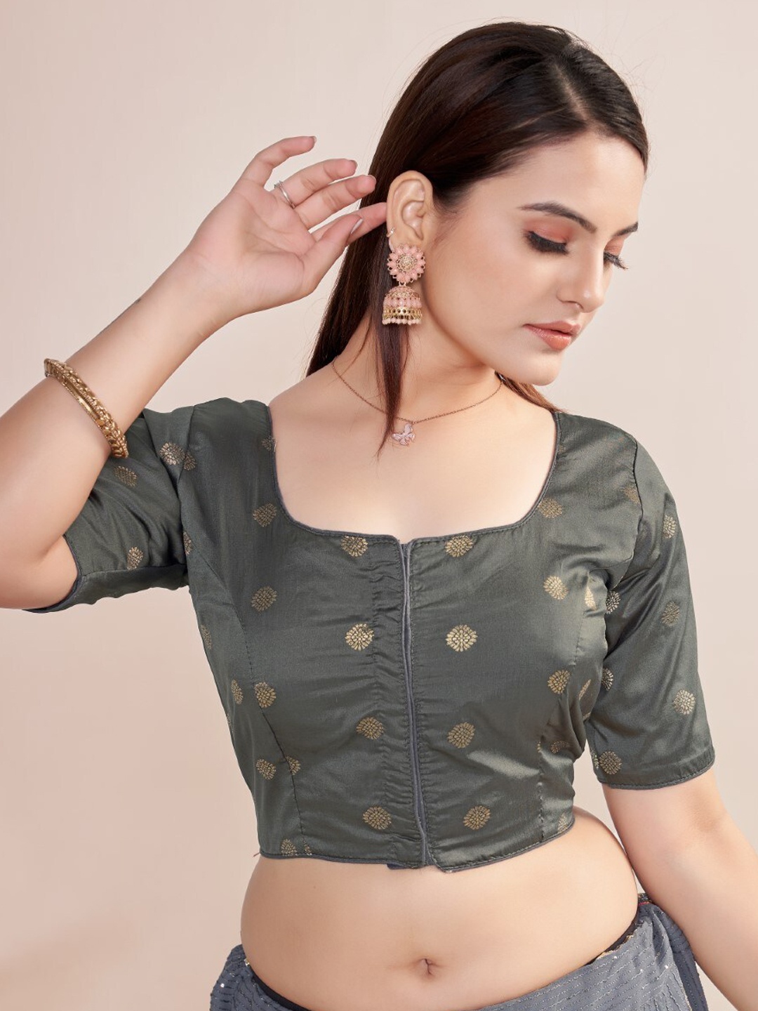 

HIMRISE Woven Design Round Neck Silk Saree Blouse, Grey