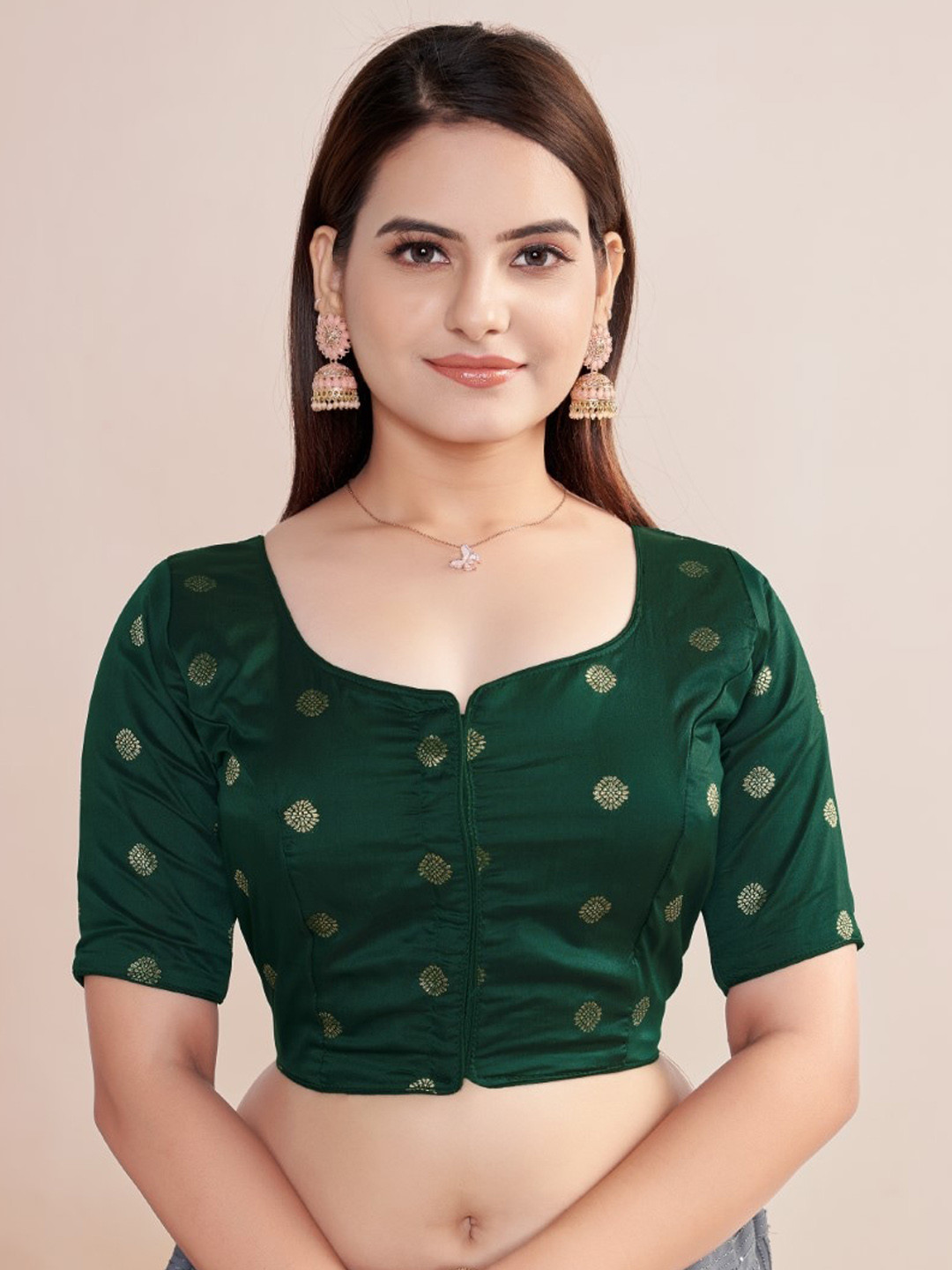 

HIMRISE Woven Design Round Neck Silk Saree Blouse, Green