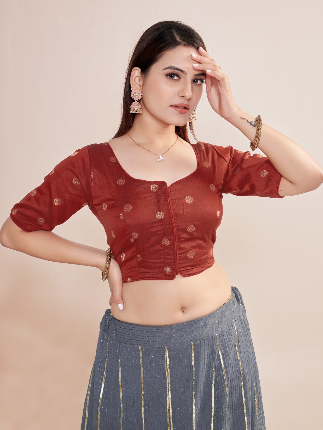 

HIMRISE Woven Design Round Neck Silk Saree Blouse, Red