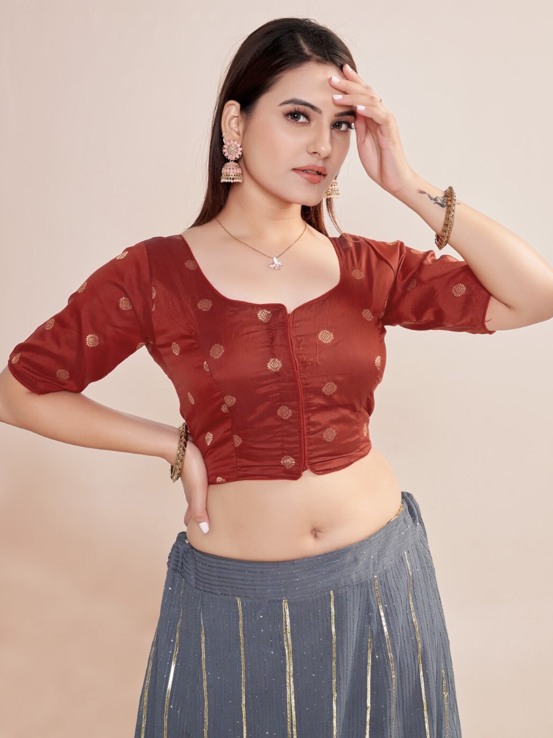 

HIMRISE Woven Design Round Neck Silk Saree Blouse, Red