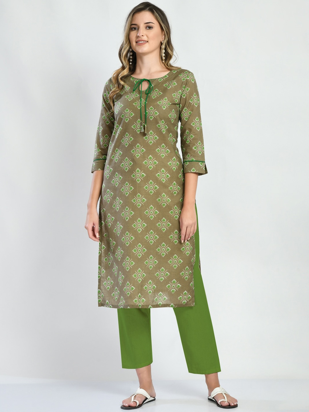 

KALINI Ethnic Motifs Printed Tie Up Neck Pure Cotton Kurta, Olive