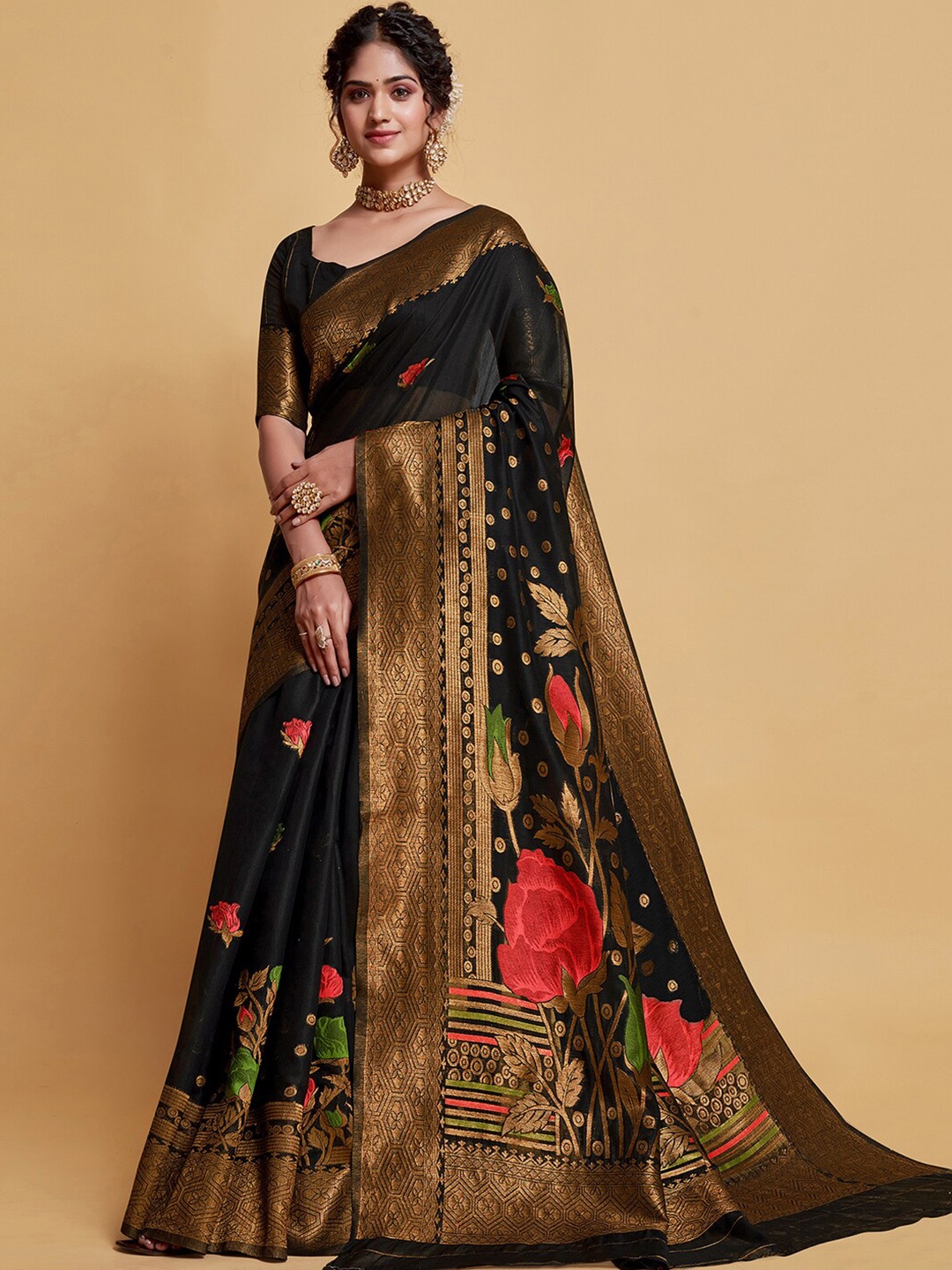

Satrani Floral Printed Zari Jacquard Saree, Black