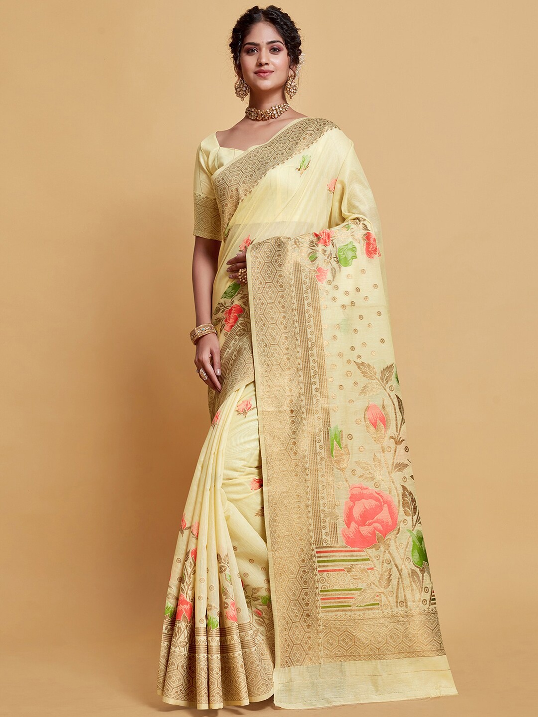 

Satrani Floral Woven Design Zari Saree, Cream