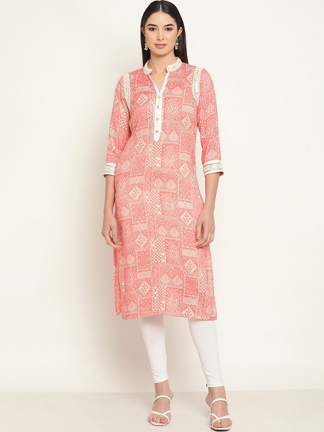 

Be Indi Women Mandarin Collar Ethnic Motifs Straight Side Slits Festive Kurta, Coral