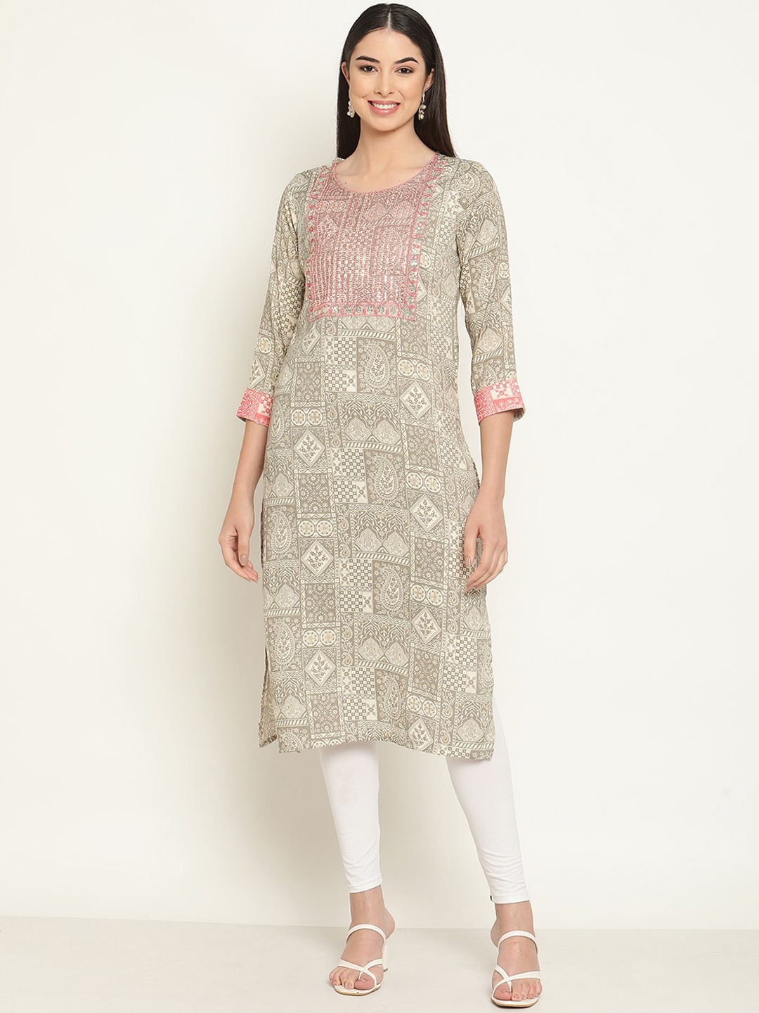 

Be Indi Women Round Neck Ethnic Motifs Straight Chanderi Silk Side Slits Regular Kurta, Grey