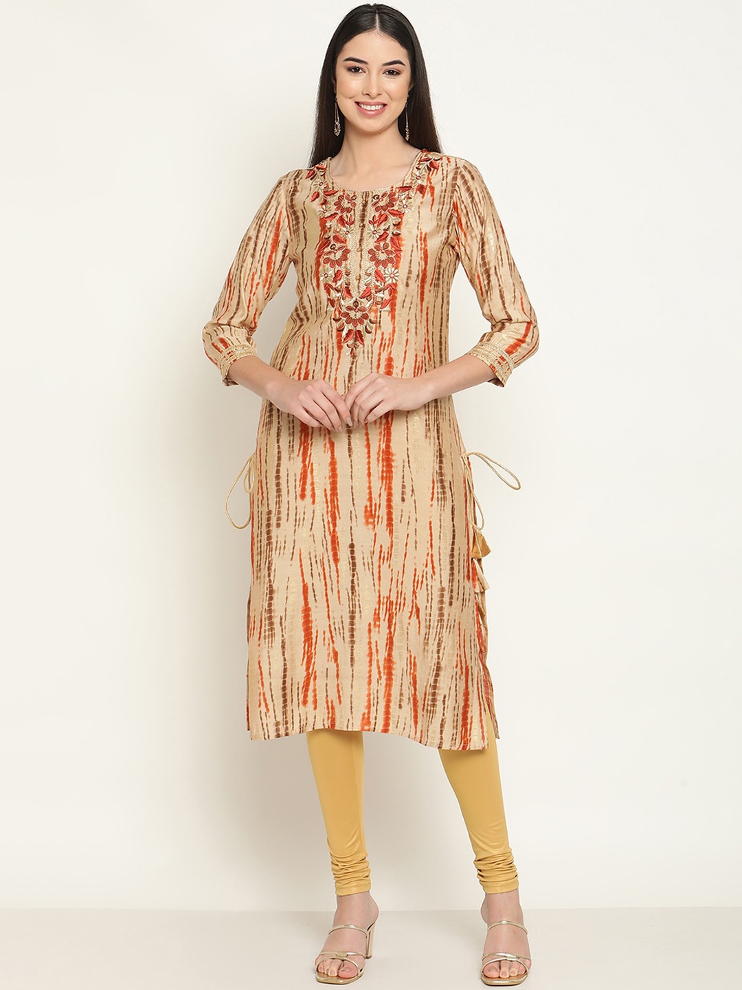 

Be Indi Women Round Neck Abstract Straight Chanderi Silk Side Slits Regular Kurta, Beige