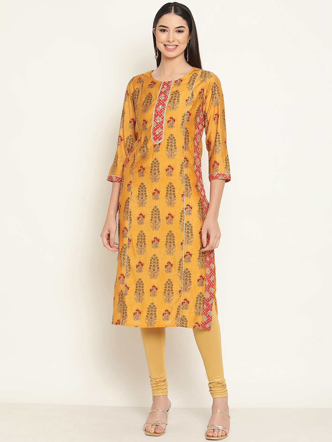 

Be Indi Women Round Neck Ethnic Motifs Straight Chanderi Silk Side Slits Regular Kurta, Mustard