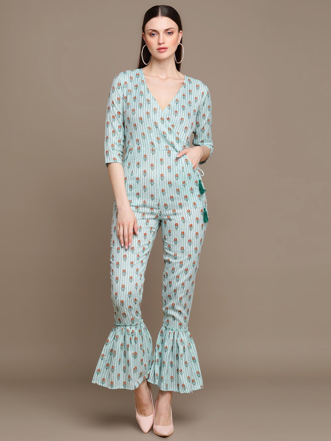 

HERE&NOW Printed Wrap Cotton Basic Jumpsuit, Sea green