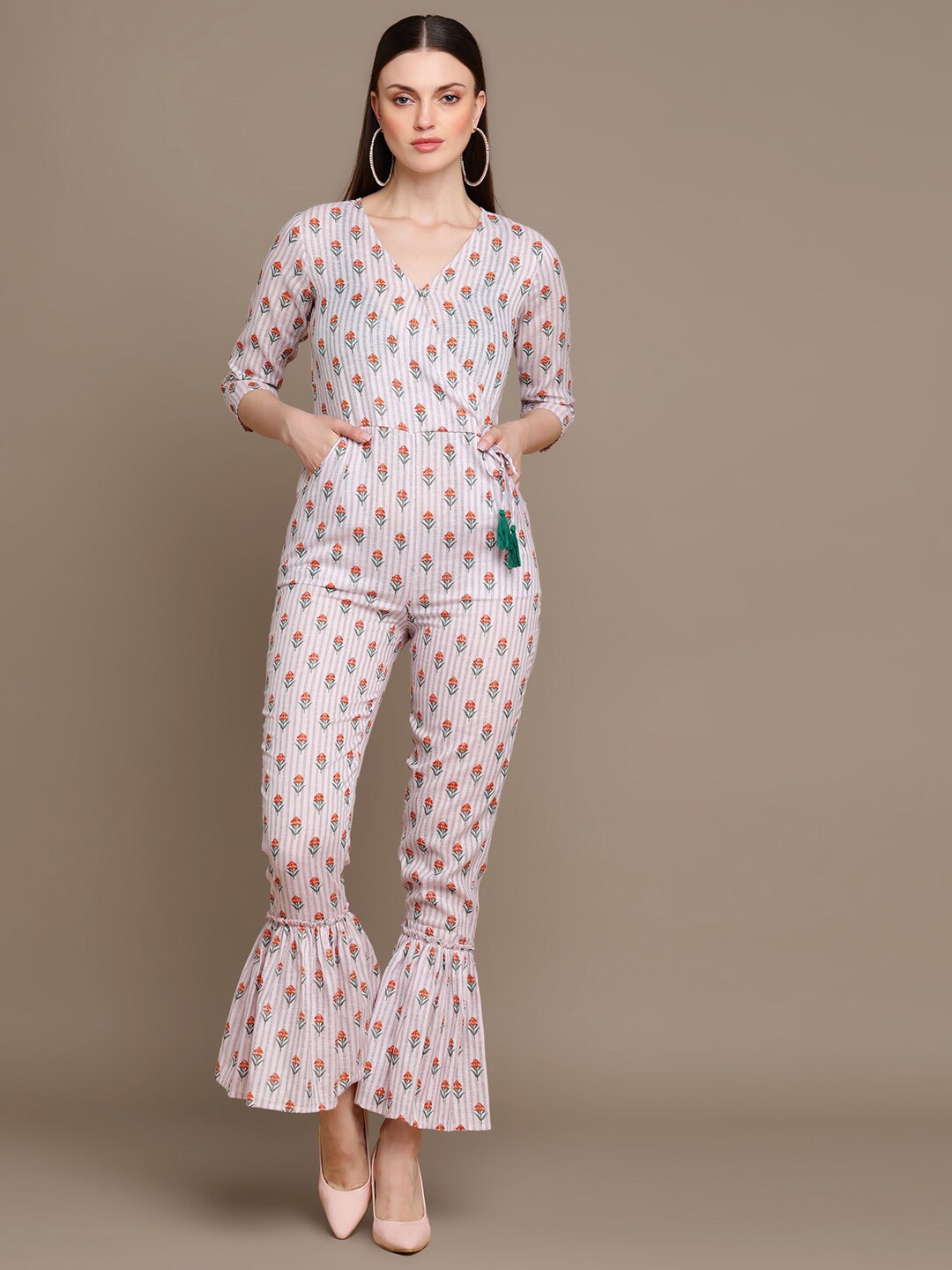 

HERE&NOW Printed Cotton Basic Wrap Jumpsuit, Pink