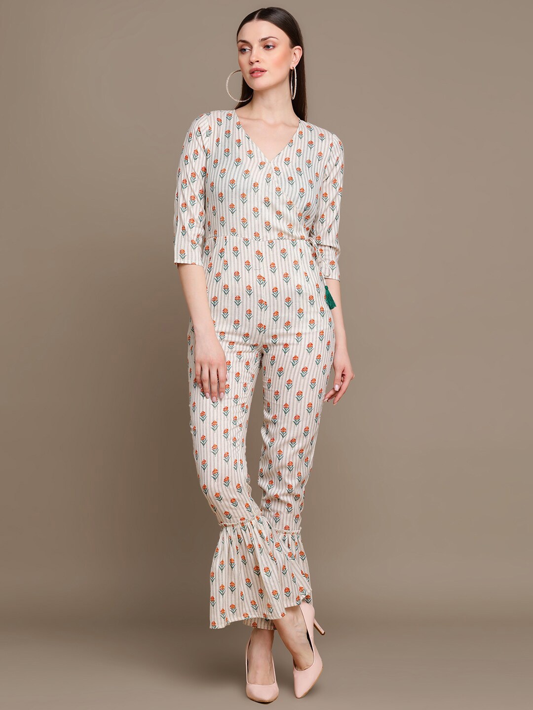 

HERE&NOW Floral Printed Gathered Cotton Basic Jumpsuit, Grey
