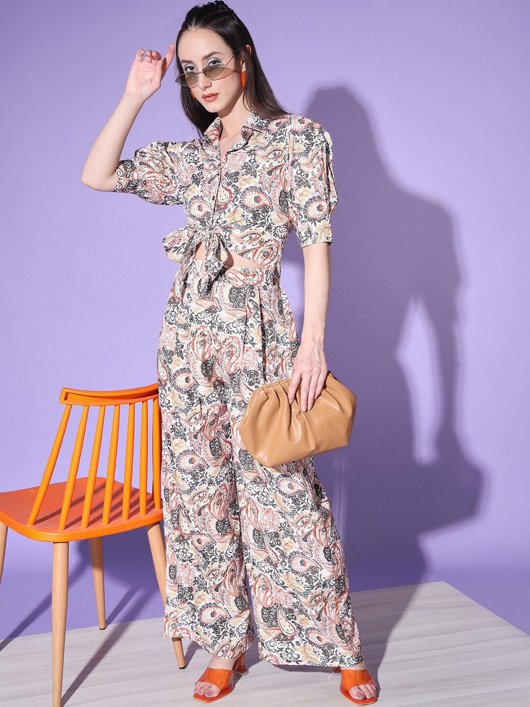 

Sangria Women Digital-Printed Top & Trouser, Beige