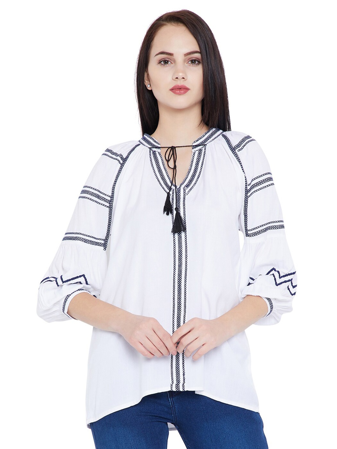 

Toshee Embroidered Tie-Up Neck Top, White